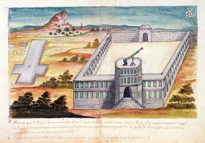 1688年、サイアムのイエズス会の記録から、イエズス会の数学者のためにサイアムキングによって建てられた家と天文台（紙のトイレ） 作： French School