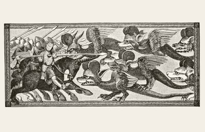 アレクサンダーが羊の角を額につけてドラゴンと戦った方法、「中世の科学と文学」（ポール・ラクロワ著、1806-84年）、ロンドン1878年 作： French School