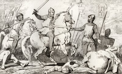 ヒューカペット（941-96）は、1840年頃に出版された、コラートの「フランスの歴史」からロレーヌのチャールズを捕まえます。 作： French School
