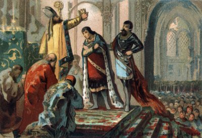 987年から996年までフランスの王であったユーグ・カペは、息子である後のロベール2世（972年～1031年）に、遺伝の原理を確立するために、ランスのアルケベクであるアダルベロン（925年～990年頃）がオルレアンのカテドラルで聖なるものとした。クロモリト 作： French School