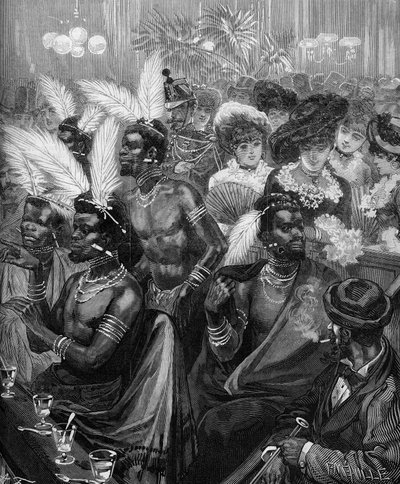 人間動物園。1879年、パリのキャバレー・デ・フォリー・ベルジュレス（Folies-Bergeres）のロッジに展示されていたズールー族の戦士たち。1879年11月21日の "Le Monde Illustré "n°1178に掲載されたエングレーヴィング。 作： French School