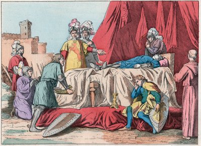 百年戦争：「La mort de Bernard du Guesclin (1320-1380) devant Chateauneuf de Randon le 13-07-1380」-デュゲスクリンの死（1380年7月13日のシャトーヌフ・ド・ランドンの包囲中）-「Nos Gires」にある19世紀末のエングレーヴィング。 作： French School