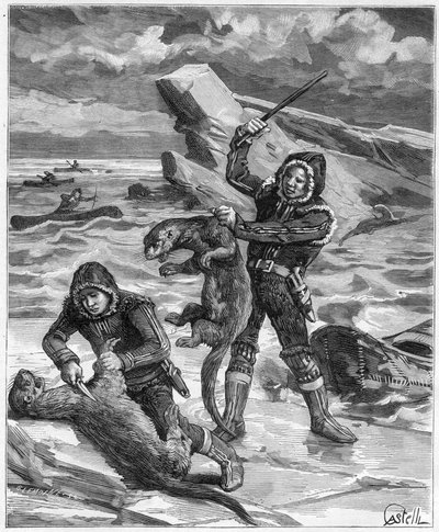 アラスカのラッコのハンター-1888年「Journal des Voyages」に掲載されたエングレーヴィング 作： French School