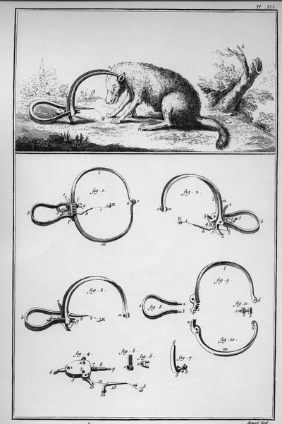 狩猟-トラックナード（Piege）で捕まえたキツネ-ドゥニ・ディドロ（1713-1784）とジャン・ダランベールによる「大百科事典（The Great Encyclopedie, ou Dictionnaire Raisonne des Sciences, des Arts et des Metiers）」（科学、芸術、職業の百科事典または辞書）。 作： French School