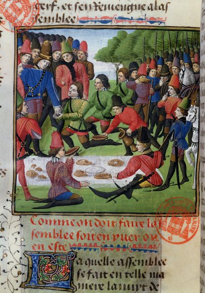 Gaston Phebus de Foix（1331-91）によるLivre de la Chasseからの狩猟ランチ 作： French School