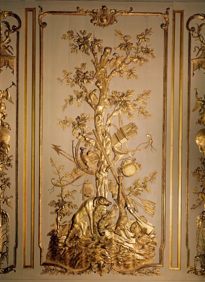 Hotel des Etats du Languedoc（金色の木材）のダイニングルームからの狩猟シーン、木製パネル 作： French School