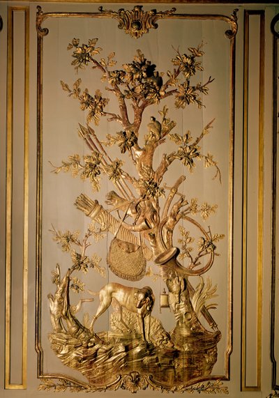 Hotel des Etats du Languedoc（金色の木材）のダイニングルームからの狩猟シーン、木製パネル 作： French School