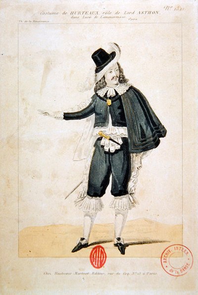 オペラルーシー・ド・ランメルムーアのエンリコ・アシュトン卿役のフルトー、ガエターノ・ドニゼッティ（1797-1848）（カラー彫刻） 作： French School