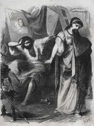 お願いです、ルクレツィア、すぐに私を捨てないでください。アンドレア・デル・サルト（1486-1530）と呼ばれる画家アンドレア・ダグノーロは、ペストの病気にかかり、妻のルクレツィア・デル・フェデに自分を捨てないでくれと懇願した。ヘンリー・ドの「Histoire Des Cocuses Celebres」に掲載されている1871年のエングレーヴィング。 作： French School