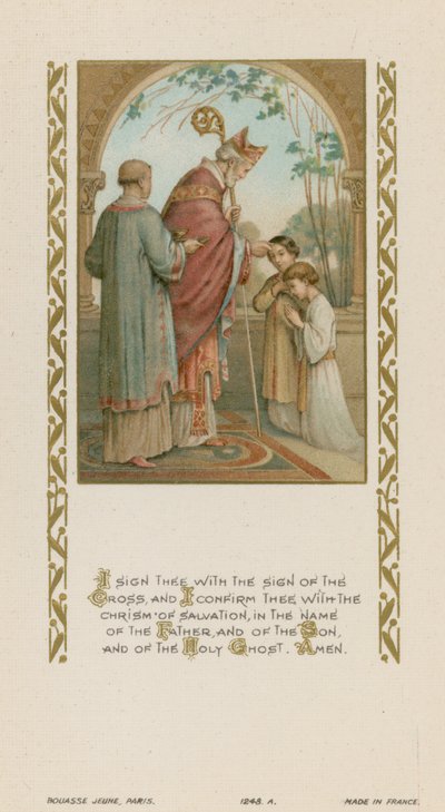 私は十字架のしるしであなたに署名し、父と子と聖霊の名において、救いのクリスムであなたを確認します 作： French School