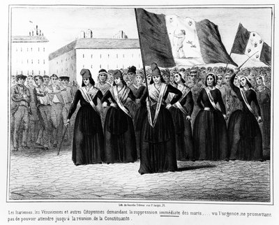 1848年のフランス革命中の出来事に関する一連の漫画から、夫の即時の抑圧を要求するイカリアンとベスビアン 作： French School