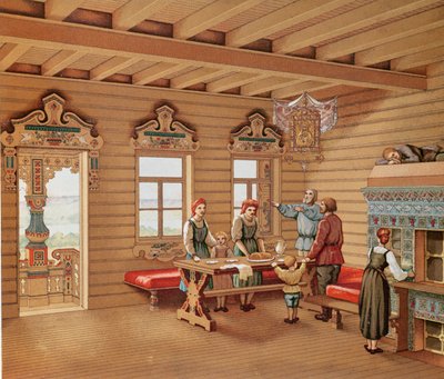 ロシアのイズバの理想的なインテリア、1880年頃（カラー彫刻） 作： French School