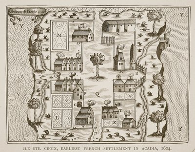 Ile Ste。サミュエルドシャンプラン（c.1580-1635）による航海からの、1604年のアカディアでのフランス領の最初の開拓地、クロワ、1613年 作： French School