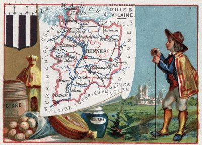 フランス、ブルターニュ地方のイル・エ・ヴィレーヌ（Ille et Vilaine、35）。シードルとバター。フランスの各県に関するシリーズ。クロモリ（Chromo）「地理的な糸」、1920年頃。個人のコレクション。 作： French School
