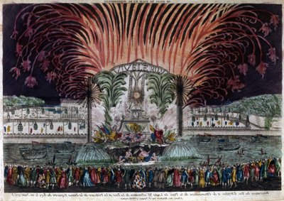 1763年6月22日、平和と王の騎馬像の落成式の際にパリのルイ15世広場で行われたイルミネーションと花火の様子。プリヴェ・コレクション 作： French School