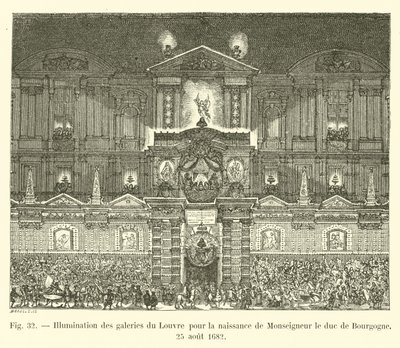 1682年8月25日、ブルゴーニュ公モンセニョールの誕生に向けたルーヴル美術館の照明 作： French School