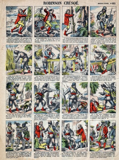 ダニエル・デフォー（De foe）著『ロビンソン・クルーソー』の挿絵。19世紀末のエピナル画像。 作： French School