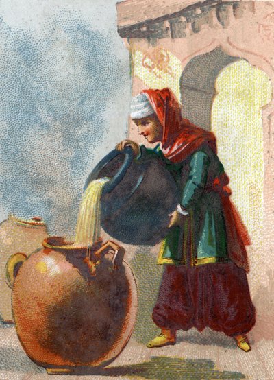 千夜一夜物語」の挿絵。アリババ（Ali Baba）の奴隷モルジアン（Morgiane）は、壺の中に泥棒が入っていることに気づき、それぞれの壺に熱湯を注いで泥棒の命を奪った。1890年頃のクロモリトグラフ。 作： French School
