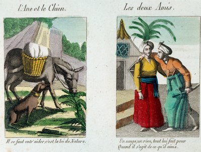 ジャン・ド・ラ・フォンテーヌ（1621-1695）の寓話の挿絵：左「ロバと犬」、右「Les deux amis」 19世紀のエングレーヴィング。ラ・フォンテーヌ美術館、シャトー・ティエリー 作： French School
