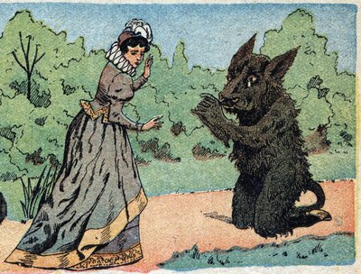 物語「美女とベテ」の挿絵：ベテは急に怖くなった美女に問いかける。クインのイメージのエングレーヴィング、1890年頃。 作： French School