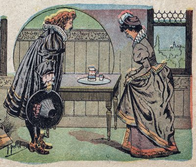 物語「美女とベテ」の挿絵：ベテはより美しい王子様になった。クインのイメージのエングレービング、1890年頃。 作： French School
