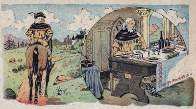 物語「美女と野獣」の挿絵：商人は森の中で迷子になった-食堂に入った後である。クインのイメージのエングレーヴィング、1890年頃。 作： French School