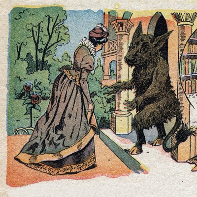 物語「La Belle et la Bete」の挿絵：美しい者がBeteの城に到着する。クインのイメージのエングレービング、1890年頃。 作： French School