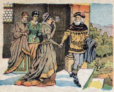 物語「La Belle et la Bete」の挿絵。旅に出る商人は3人の娘に別れを告げ、帰ってきたら贈り物をすると約束した。クインのイメージのエングレーヴィング、1890年頃。 作： French School