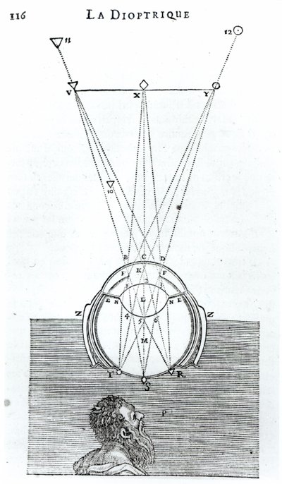 1637年にライデンで最初に公開されたDiscours de la Methodeに続く、ルネデカルト（1596-1650）によるラディオプトリケのイラスト 作： French School