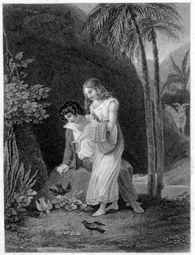 ポールとヴァージニア」の挿絵。フランスの作家（1737-1814）、アンリ・ベルナルダン・ド・サンピエール（サンピエールまたはサンピエール）のロマン。 作： French School