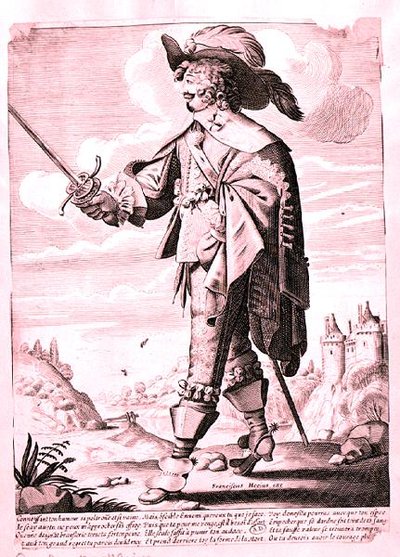 ルイ13世時代（1601-43年）の兵士のイラスト（エングレービング）（モノクロ写真） 作： French School