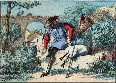 ジャン・ド・ラ・フォンテーヌ（1621-1695）の寓話「オオカミは羊飼いになった」のイラスト。19世紀後半のエピナル・イメージング。 作： French School