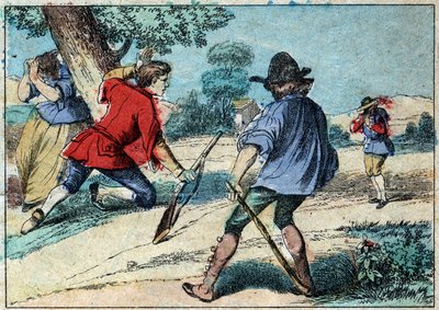 ジャン・ド・ラ・フォンテーヌ（1621-1695）の寓話「オオカミは羊飼いになった」のイラスト。19世紀後半のエピナル・イメージング。 作： French School