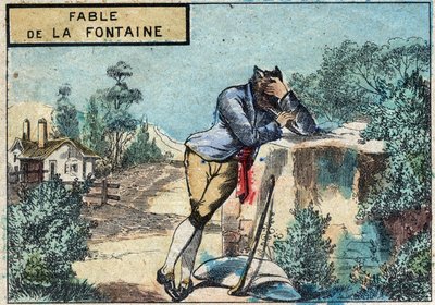 ジャン・ド・ラ・フォンテーヌ（1621-1695）の寓話「オオカミは羊飼いになった」のイラスト。19世紀後半のエピナル・イメージング。 作： French School
