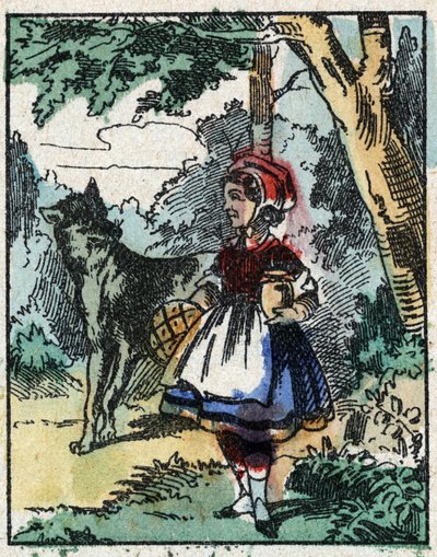 シャルル・ペローの物語「赤ずきんちゃん」のイラスト。イメージング・ペラン（エピナル）の木版画。19世紀後半の作品。 作： French School