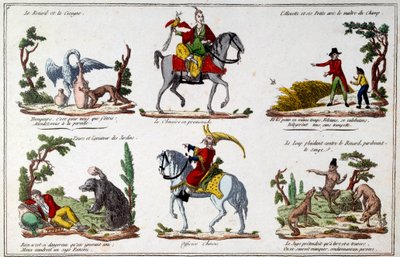 ジャン・ド・ラ・フォンテーヌ（1621-1695）の寓話のためのイラストプレート：狐とコウノトリ、中国人の散歩、熊と庭の恋人、中国人の将校。エングレーヴィング 作： French School
