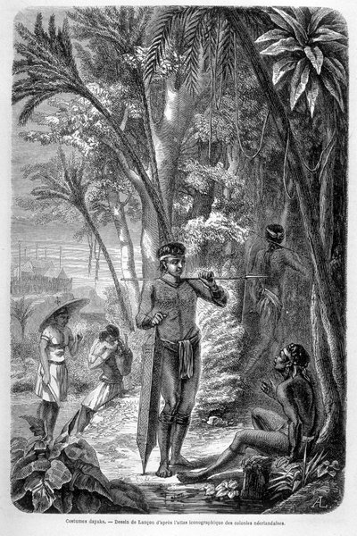 ボルネオ島に住むダヤックを描いた1862年版 "Le Tour du monde "に掲載されたイラスト。エングレーヴィング。 作： French School