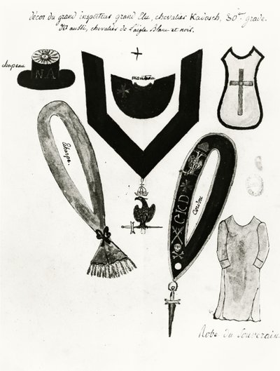 フリーメーソンのスコットランドの儀式、1813年のフリーメーソンのレガリアと騎士カドシュのドレスのイラスト、1813年（紙、ペン、インク、ガッシュ） 作： French School