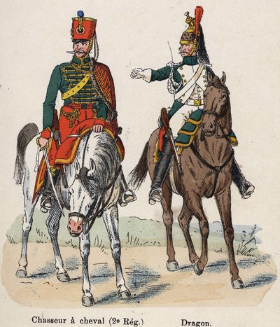 帝国軍ナポレオン1世：馬上の狩人（第2連隊）とドラゴン。Lienhart and Humbert著『Les Uniforms de l