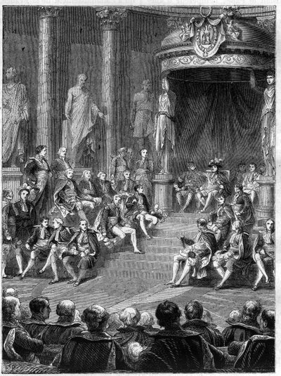 元老院での皇帝会議：1805年のイタリア新王国の憲法についてのナポレオンの演説-アドルフ・ティエールの「領事の歴史と付随する帝国の歴史」に収録-1879年-個人蔵 作： French School