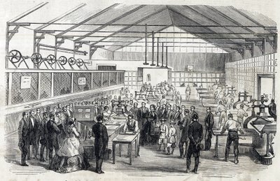 ウジェニーと皇太子のフランス銀行訪問、1866年6月23日 - 銀行券の印刷 - Le MONDE Illustrous DU 07-07-1866に掲載された刻印 作： French School