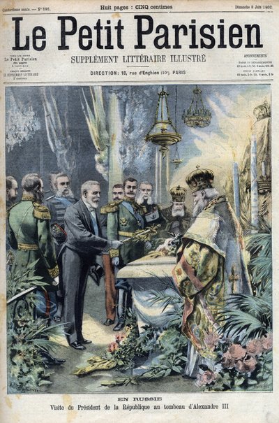 ロシア：エミール・ルベ大統領（1838-1929）がロシア皇帝アレクサンドル3世（1845-1894）の墓を訪問（「Le petit Parisien」掲載 作： French School