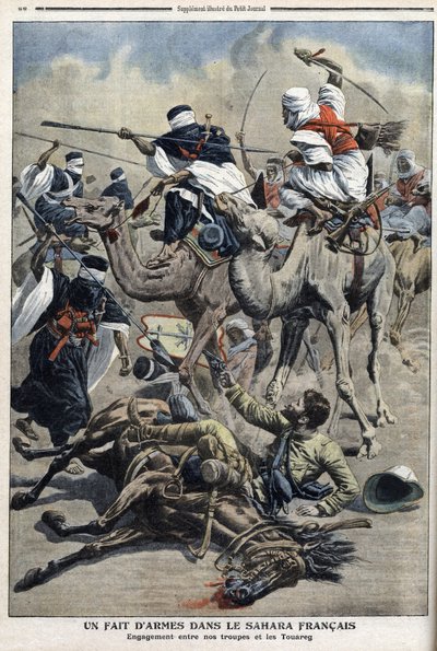 イギリスのサハラ砂漠で、フランス軍のサンドトゥーアレグとの戦い（新聞「Le Petit Journal」3月17日付のイラスト 作： French School