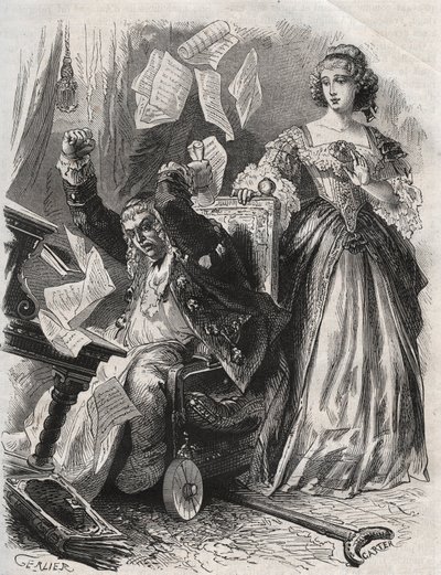 詩人のポール・スカロン（1610-1660）が妻のフランソワーズ・ドービーニュ（当時のマントノン侯爵夫人）の前で怒り、羽毛や本、紙を飛ばした。 作： French School