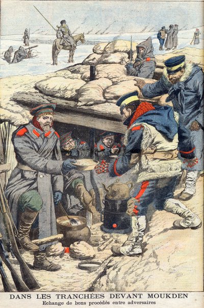 日露戦争、奉天前の塹壕で。食べ物や飲み物を交換する日本軍とロシア軍。奉天の前の塹壕で。対戦相手の間で良いプロセスを交換する。1905年1月22日付「Le petit Journal」の挿絵。 作： French School