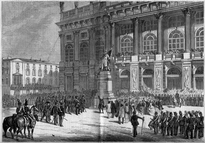 1859年4月10日、トリノ（イタリア）のシャトー広場で行われたVincenzo Vela（1820-1891）によるサルデーニャのモニュメントの落成式。像の後ろには「パラッツォ・マダマ」がある。フェリー氏のスケッチによる。18年4月23日付「Le Monde Illustré」106号に掲載されたエングレーヴィング 作： French School