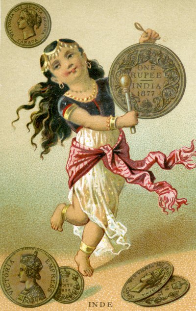さまざまな国の通貨に関する一連のプロモーションカードからルピーのドラムを叩いているインディアンダンサー。チョコレートの生産者であるChocolat Ibleが使用するためにBaster＆Vieillemardがパリで発行しました。 作： French School