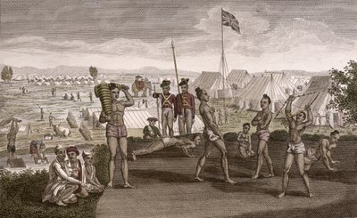 1810年頃のイギリス居住者のキャンプを眺めて運動するインドの戦士 作： French School