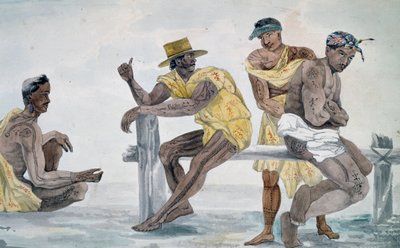 タヒチ、ソサエティ諸島の住民 ジュール＝ルイ・ルジューヌの水彩画（『世界一周の船旅』より 作： French School