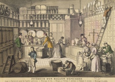 食料品店のインテリア（カラー彫刻） 作： French School
